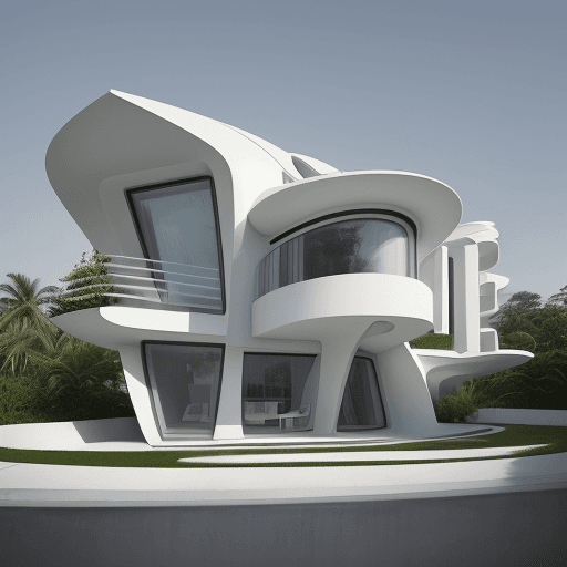AI generated: High resolution photography of a house in modern style, a mix of Zaha Hadid and Oscar Niemeyer´s sty...