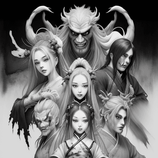 AI generated: monster mash characters, white background, ink wash painting, <lora:wuxia:0.8> , (style-swirlmagic:0...