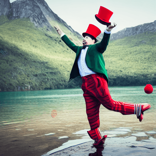 AI generated: drunk Juggler without beard in shorts and jacket with dark green and scarlet red stripes, with a top...
