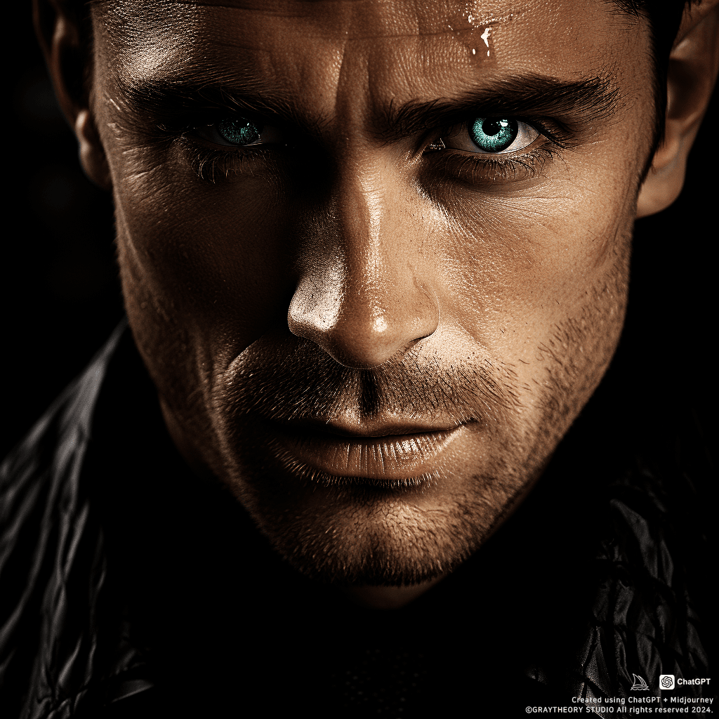 AI generated: realistic, man face, detail shot, suit, profound gaze, photo realistic, background black, --ar 1:1 -...