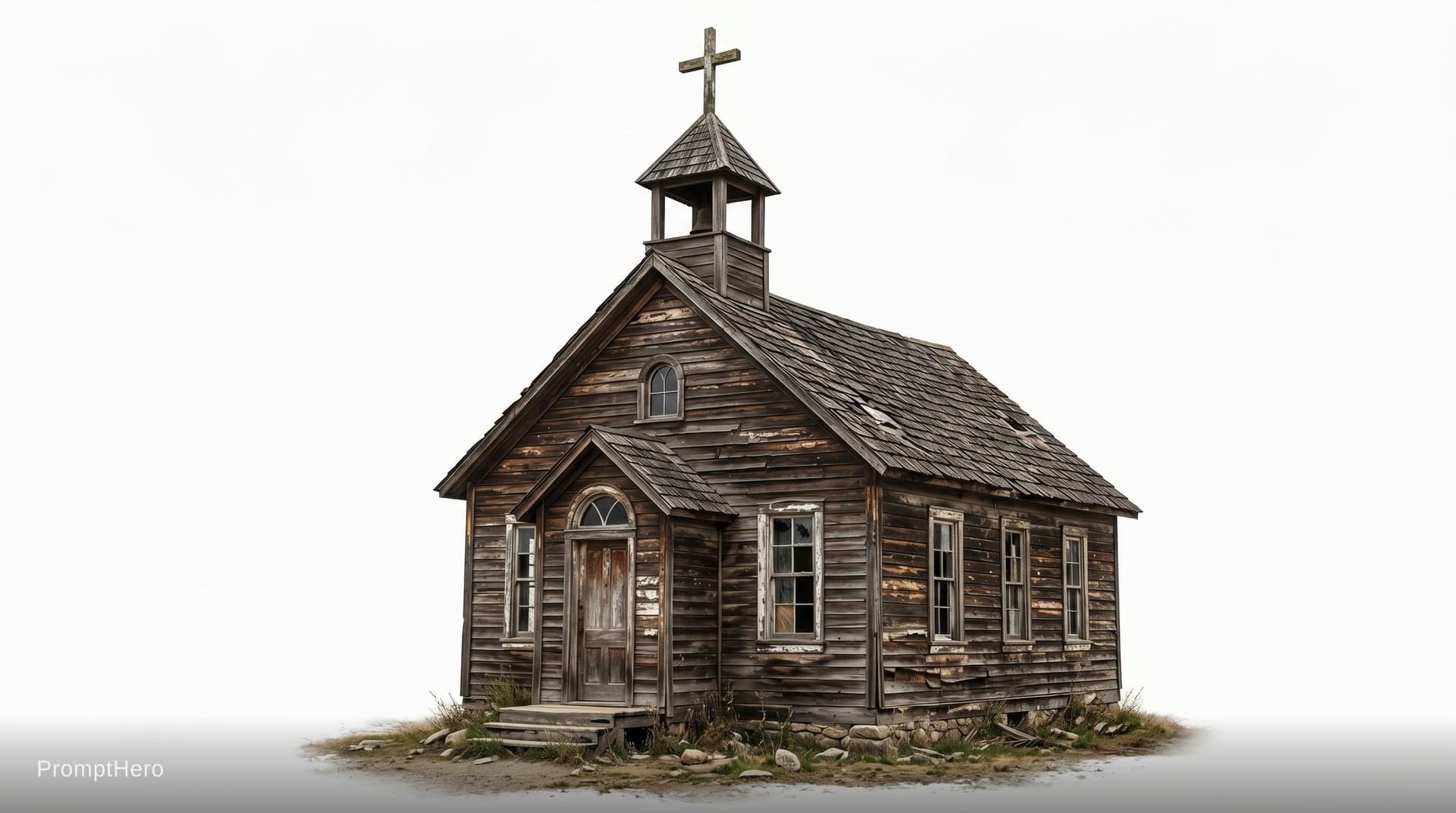 AI generated: 1829 wooden colonization church with cross a bit run down. on white background.
