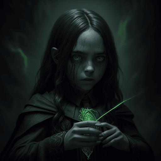 AI generated: A 12-year-old wizard who is head of Slytherin house and radiates a black aura on her left and a gree...