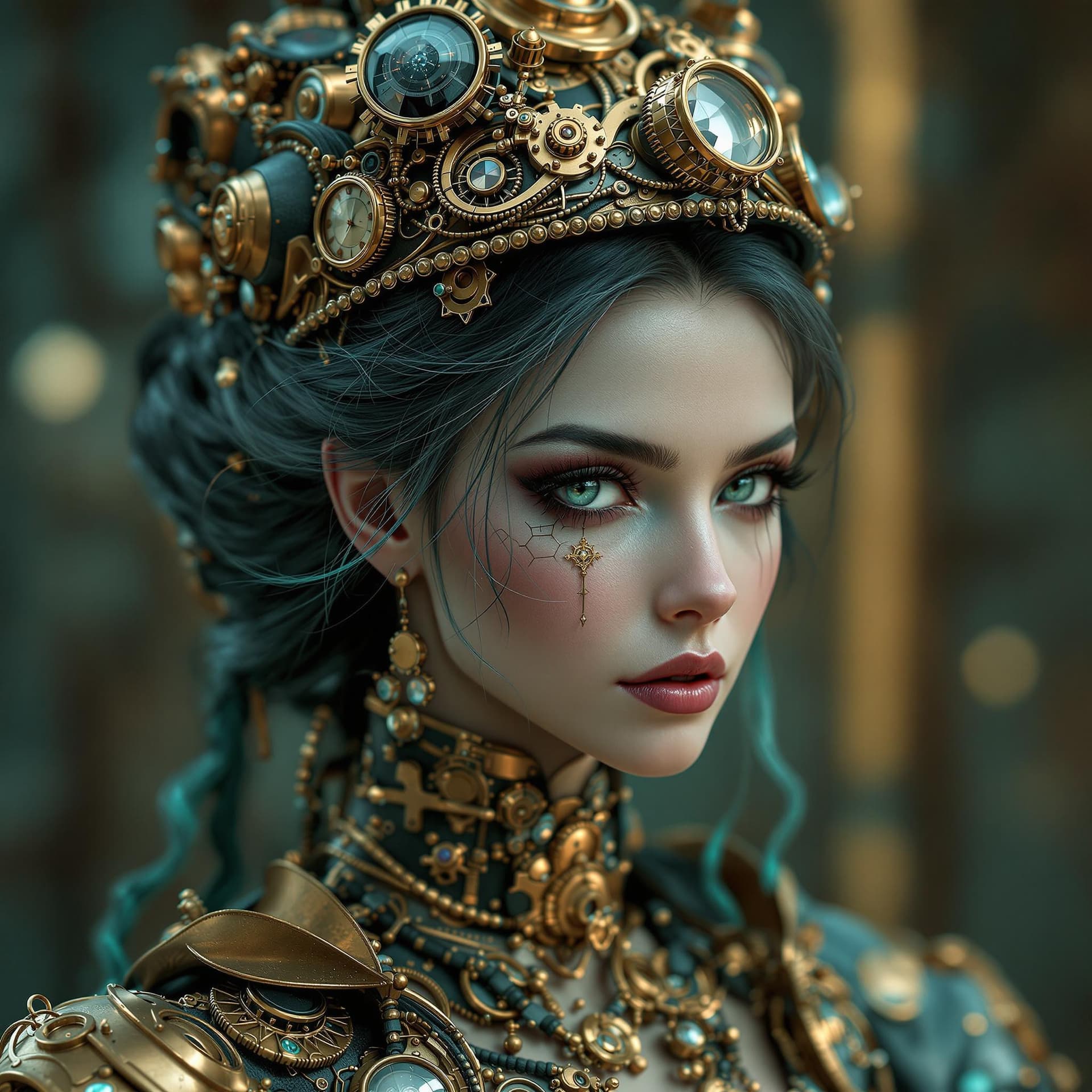 AI generated: 3d image of a steampunk woman, in the style of Bella Kotak, gold and cyan, photorealistic detail, da...