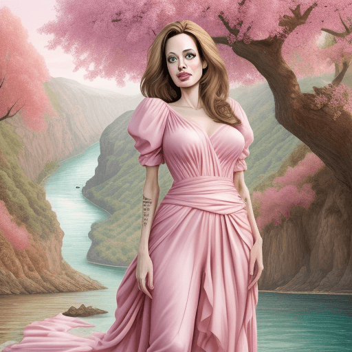AI generated:  humor, Angelina Jolie, caricature, love land scape with nature pink trees and water, romantic cloth...