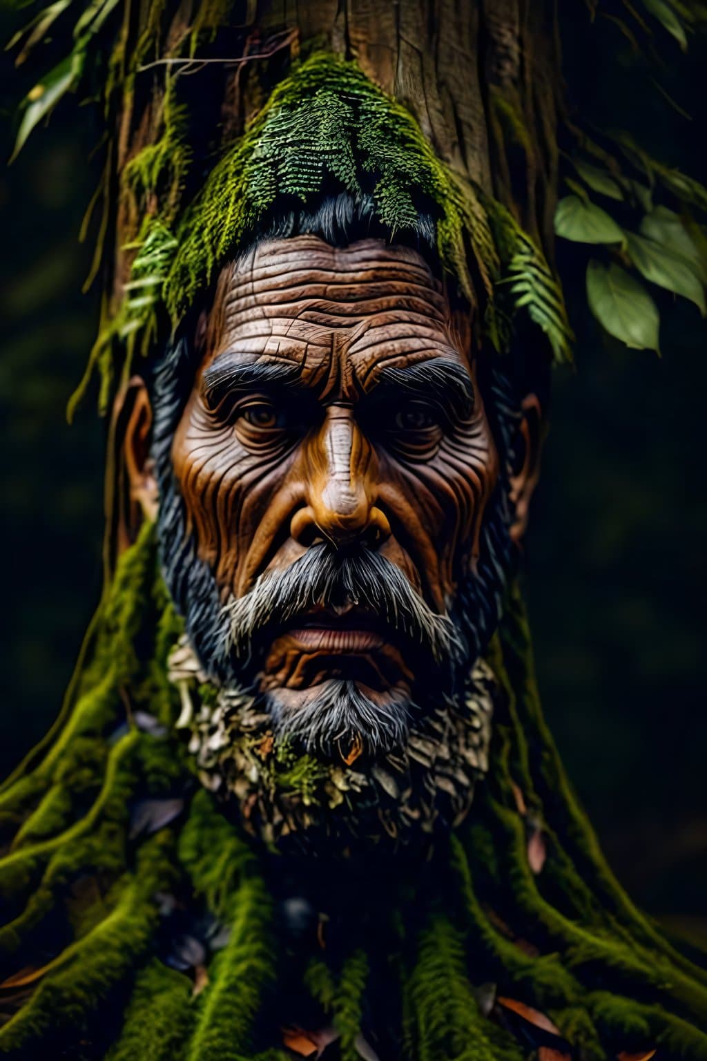 AI generated: [(human face):1], old tree trunk, highly detailed bark, [long beard::5], photorealistic, HDR, pine t...