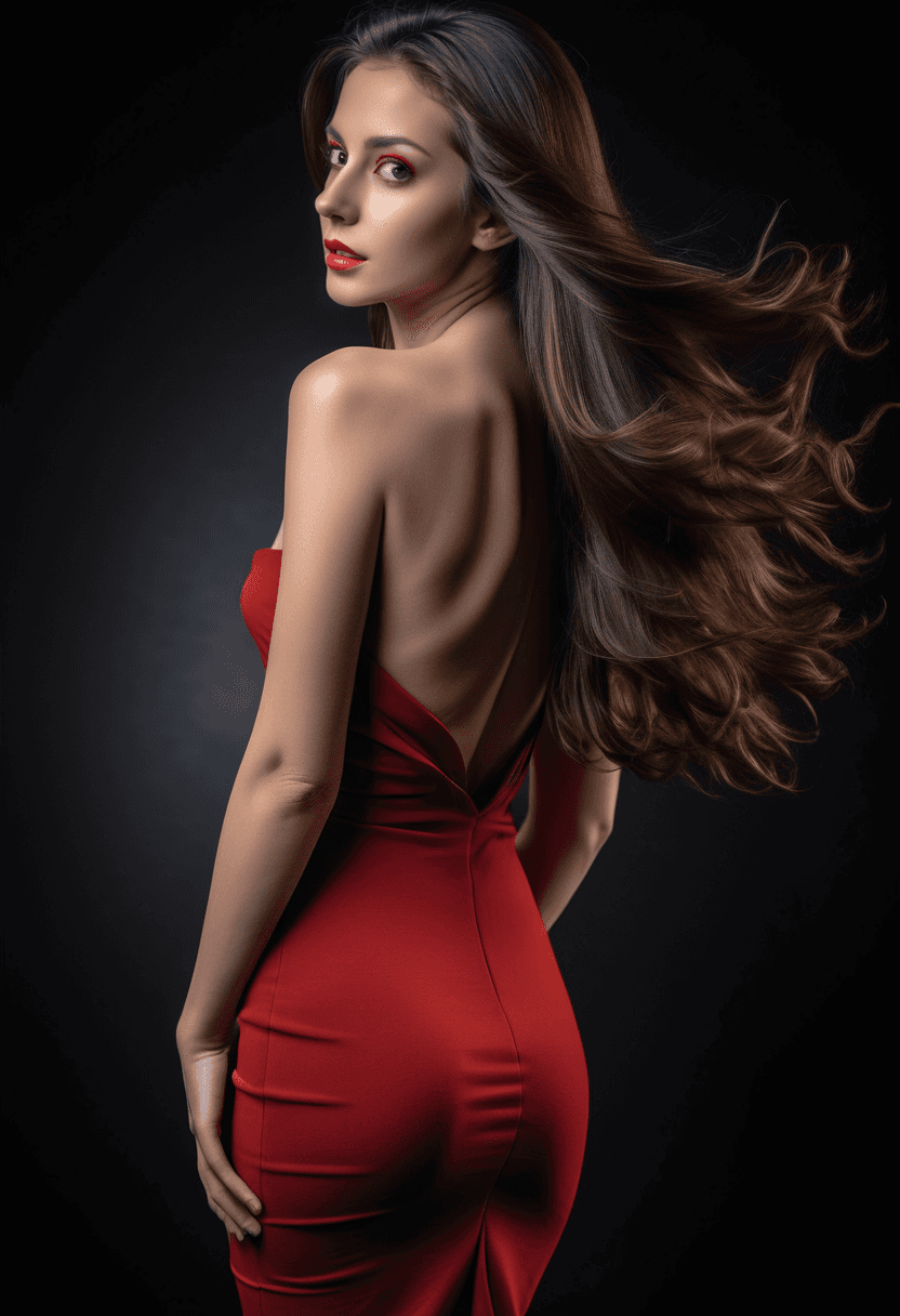 AI generated: 3/4 shot professional photograph of a beautiful woman with long flowing brunette hair, from behind, ...