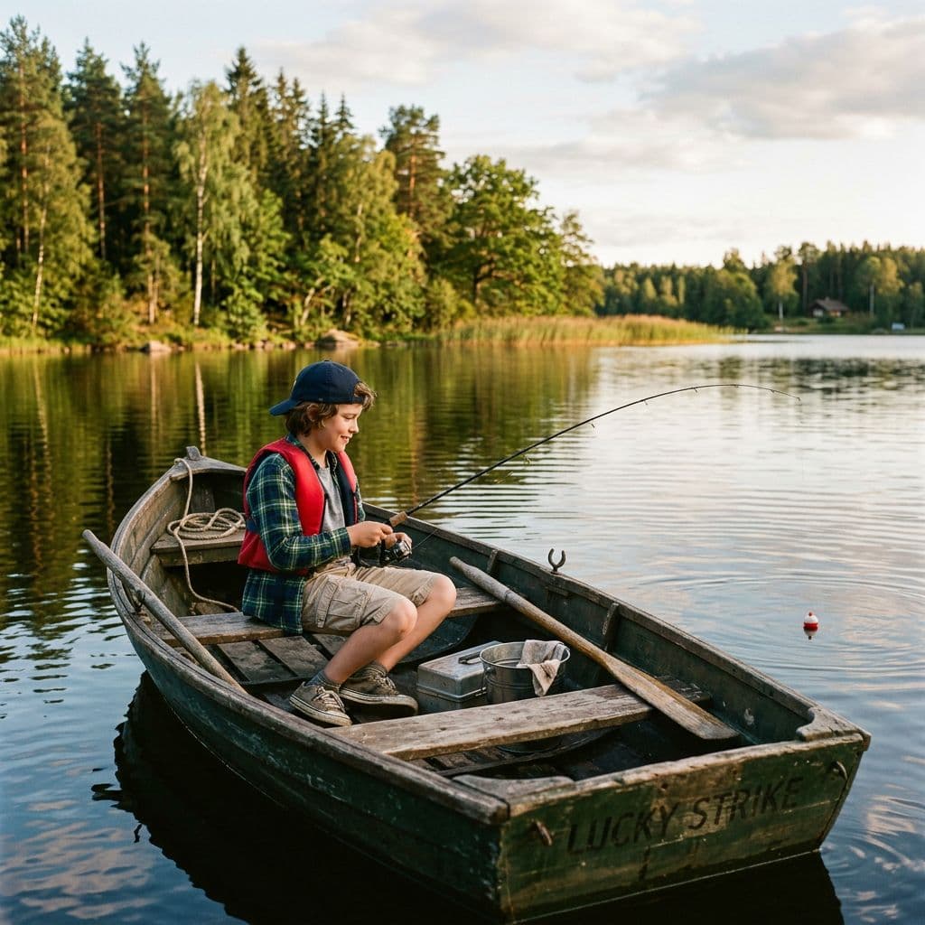 AI generated: a boy sitting in small boat fishing