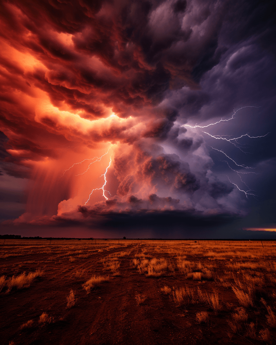 AI generated: A dramatic photograph of an intense thunderstorm with dark clouds and lightning, creating intricate ...