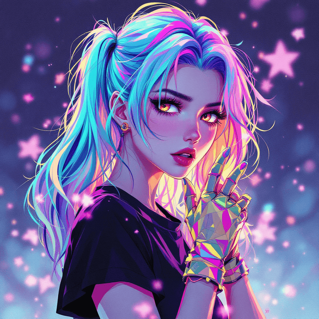 AI generated: gloves, long sleeves, shorts, an illustration of a woman with champaign-color hair wearing a black t...