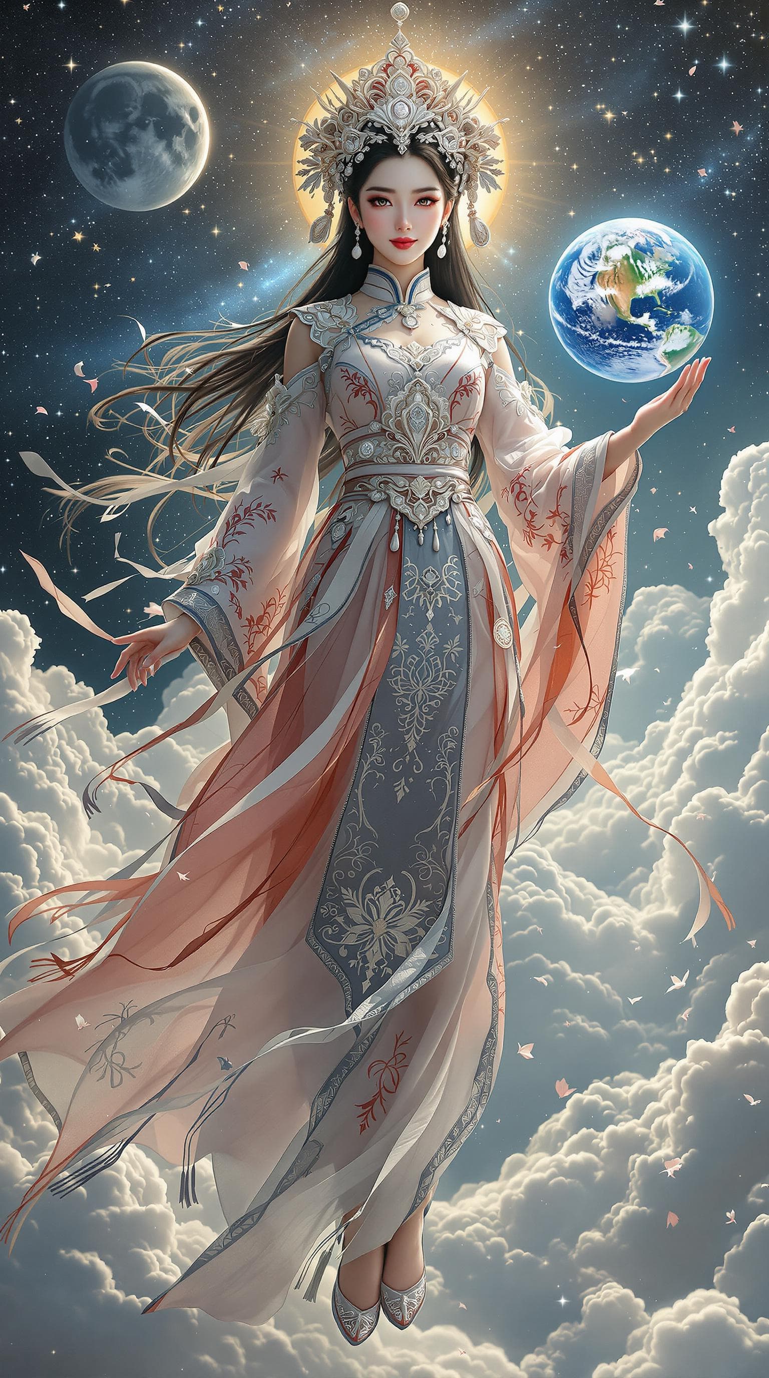 AI generated: full body and fantastical depiction of a massive cosmic Hmong girl floating through the vastness of ...