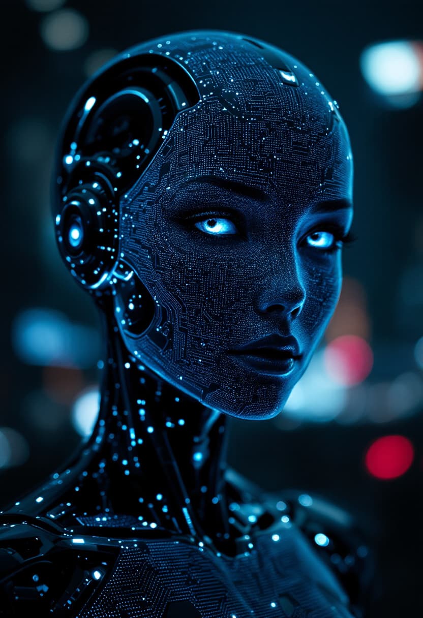 AI generated: A gritty digital photograph of an advanced humanoid robot's head and upper shoulders, 2/3 view, desi...