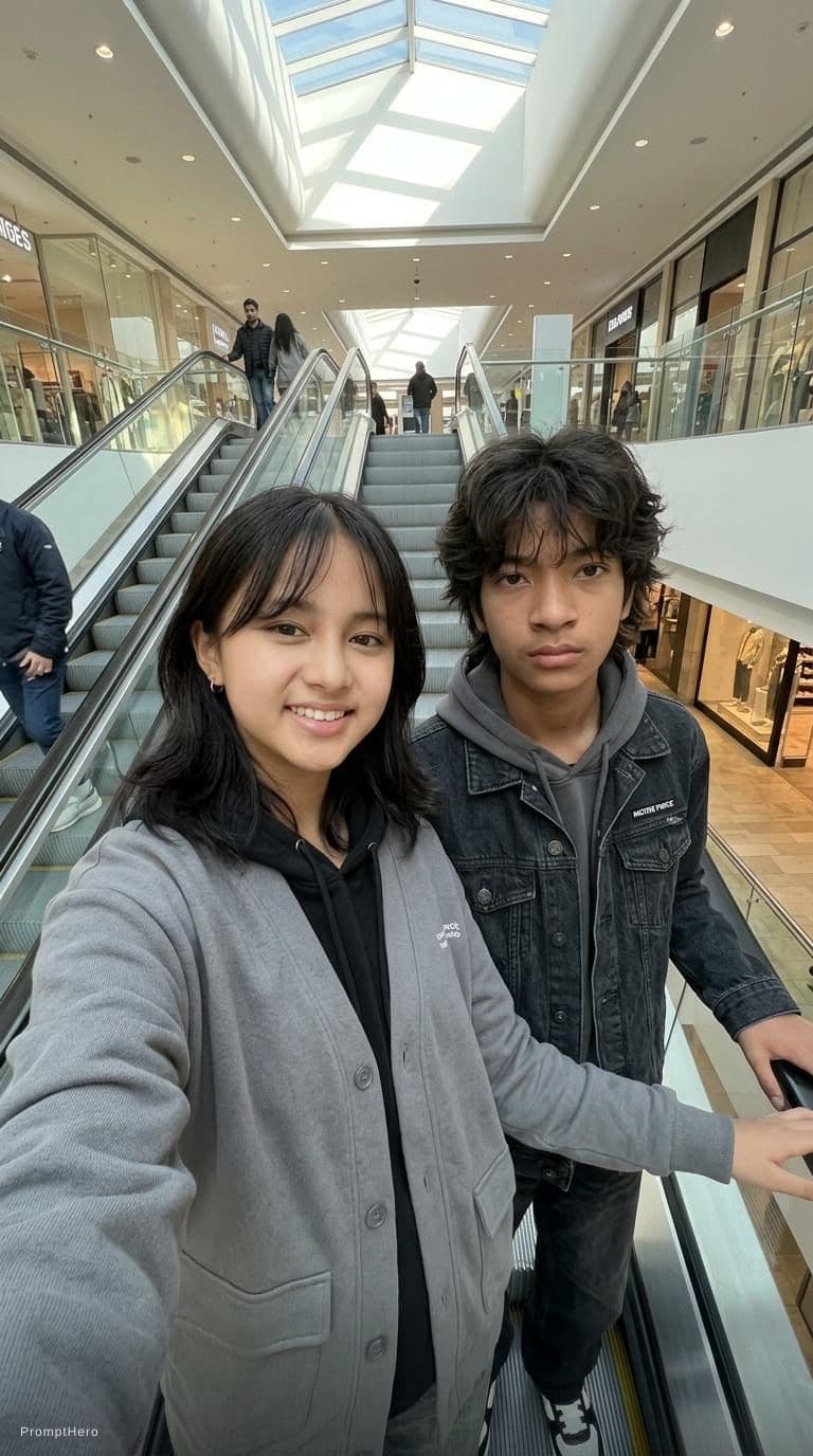 AI generated: a selfie take with her hand, instagram style, one young korean woman with boy professional model tak...