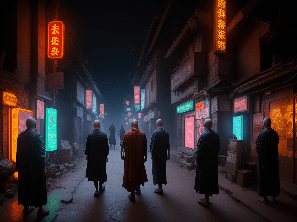 AI generated: people visit old monk in cyberpunk buddhist village from afar, old monk for receiving people, flashi...