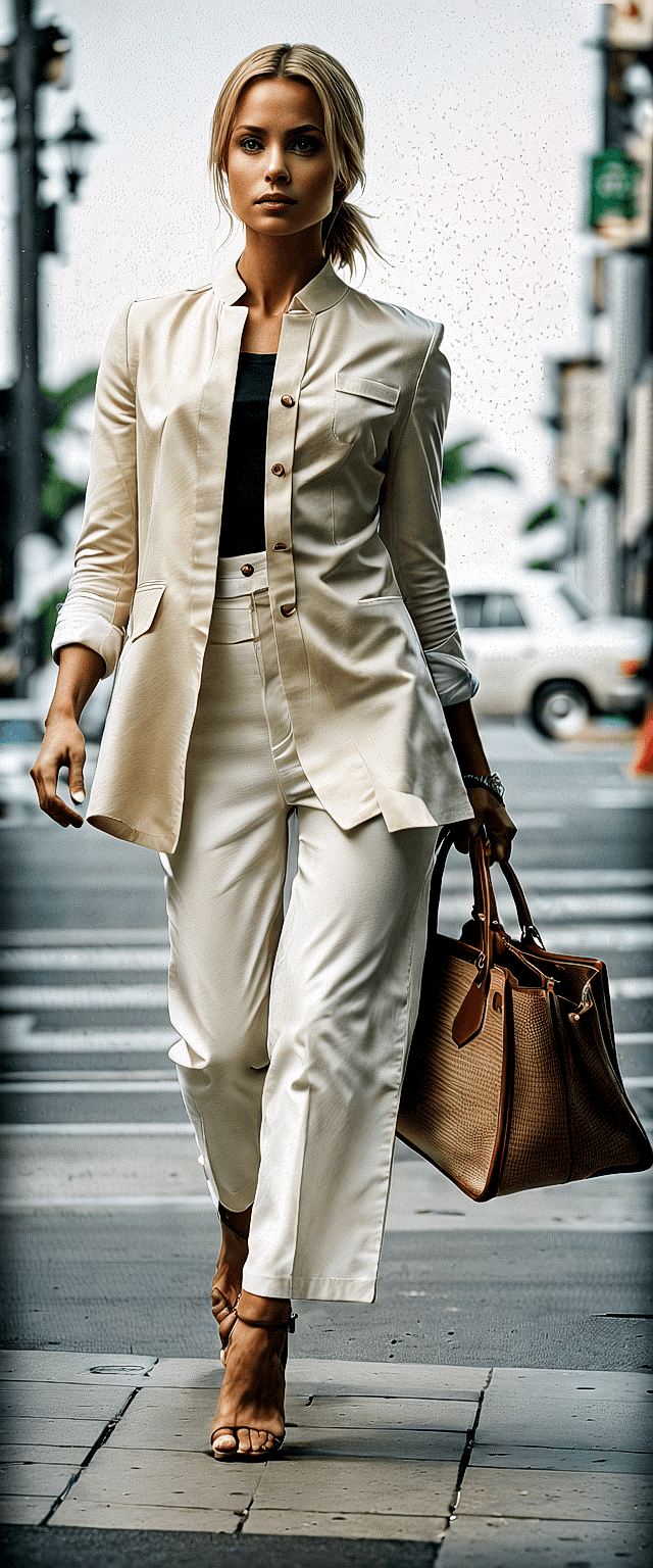AI generated: The image features a woman walking down a city street, dressed in a white suit and carrying a brown ...