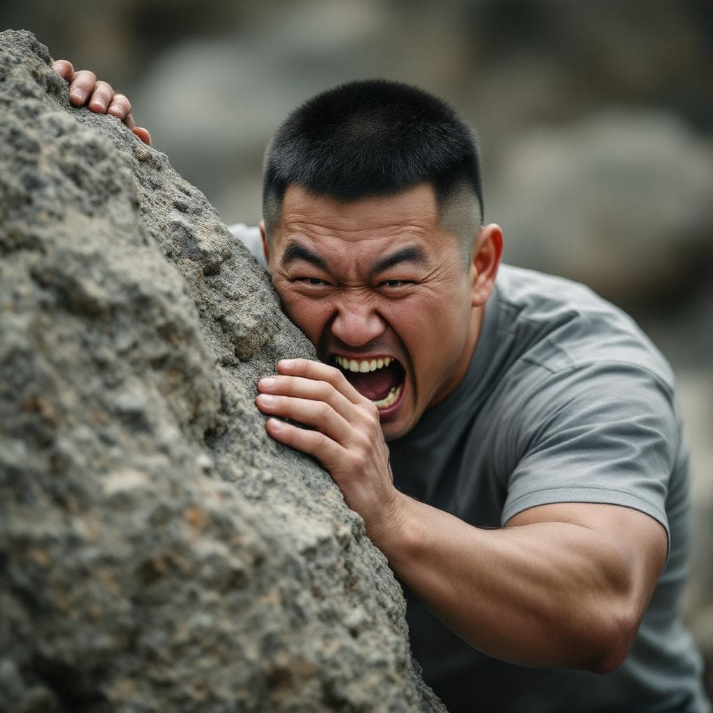 AI generated: A Chinese man with short crew-cut hair is biting a boulder with all his might, holding it tightly wi...