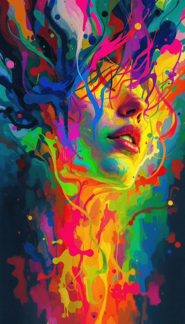 AI generated: An abstract figure with vibrant and bold colors of her hair, that blend into a spectrum of color. He...