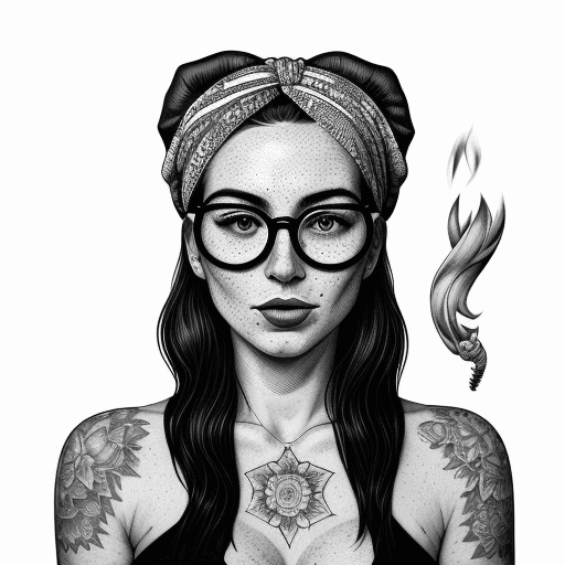 AI generated: detailed black and white drawing of an attractive woman with freckles, wearing large round glasses, ...