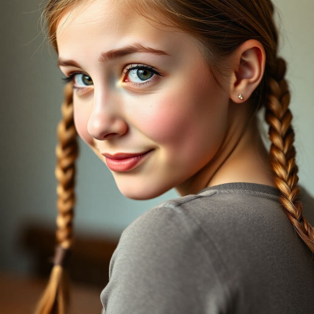 AI generated: A close-up of a slightly freckled 20s girl with her head half-turned and her expression looking back...