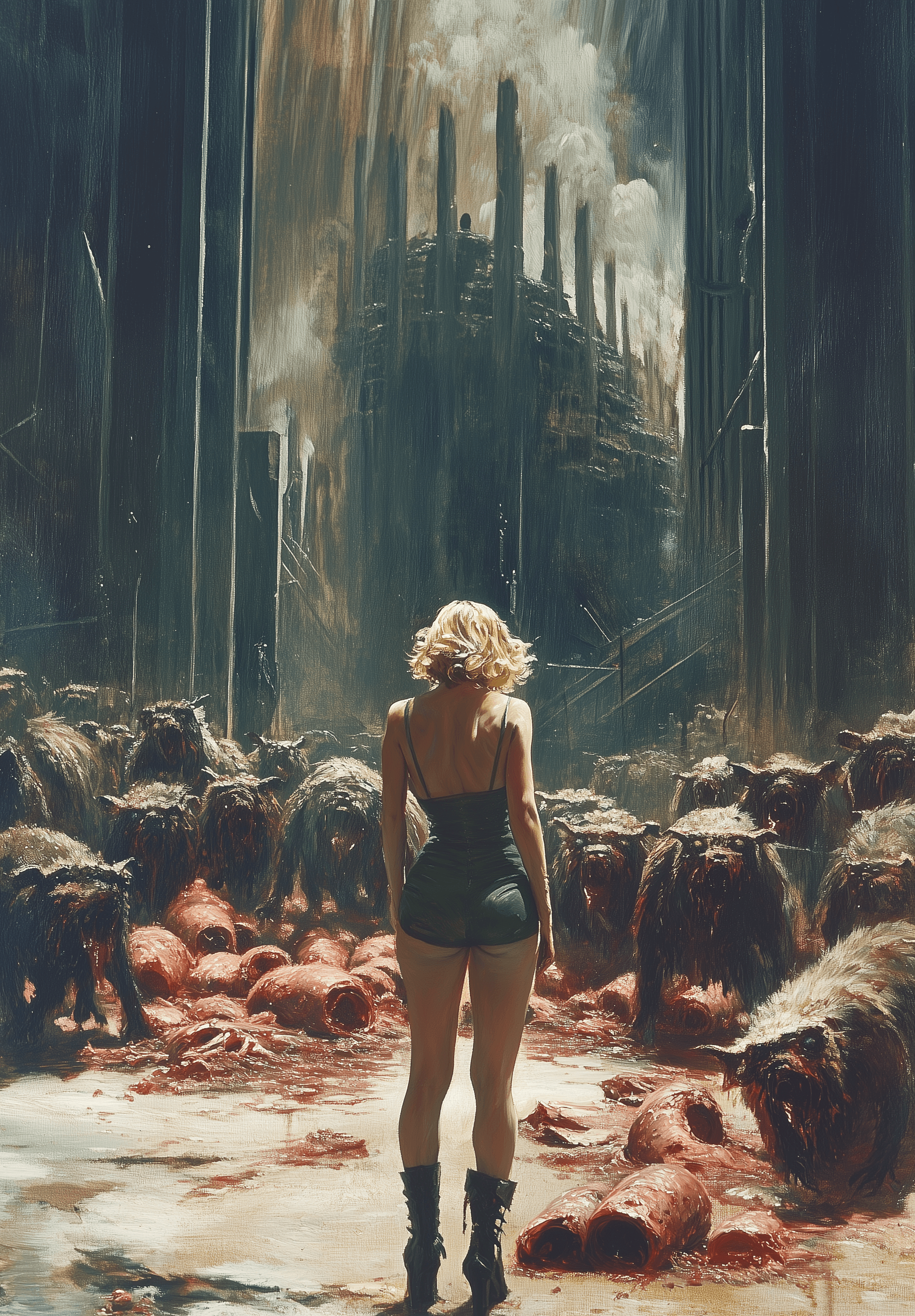 AI generated: A retro pulp sci-fi painting of an attractive woman standing in front of some massive weasel-like mo...