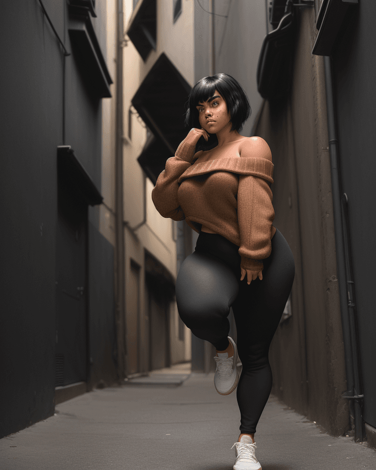 AI generated: a girl that is full-busted, tan, thick eyebrows, dynamic pose, freckles, short black hair with very ...
