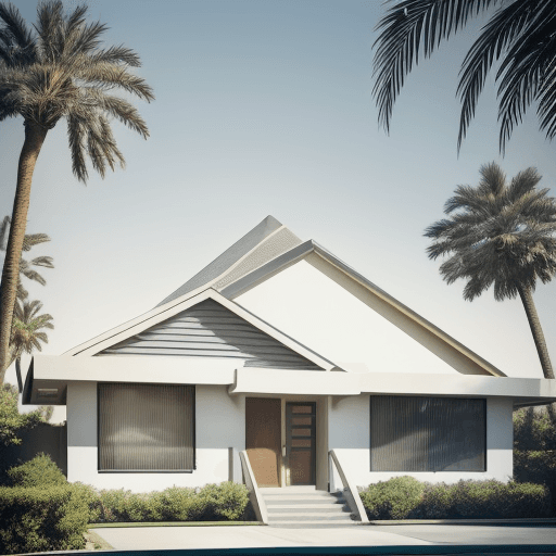 AI generated: Hyper realistic eye level exterior photo of a mid century modern style house overlooking the ocean, ...
