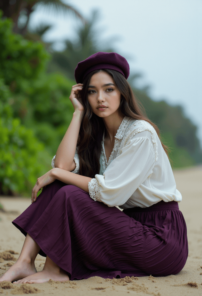 AI generated: A beautiful woman with long brunete hair and dark eyes, wearing an intricately detailed white blouse...