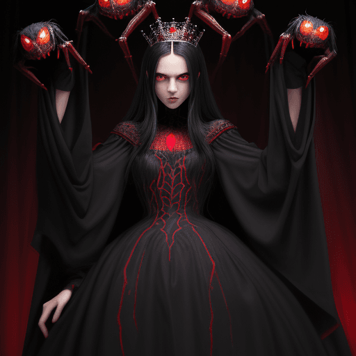 AI generated: masterpiece, best quality, 1girl,  black hair, medium hair, red eyes, queen girl spider, scary head ...