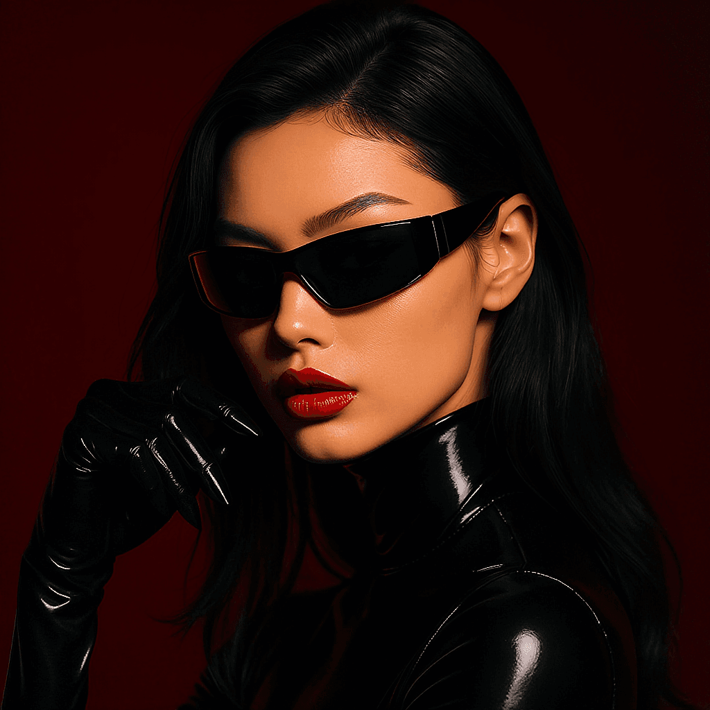 AI generated: A high-fashion close-up of a woman striking a bold pose, wearing sleek black latex and futuristic su...