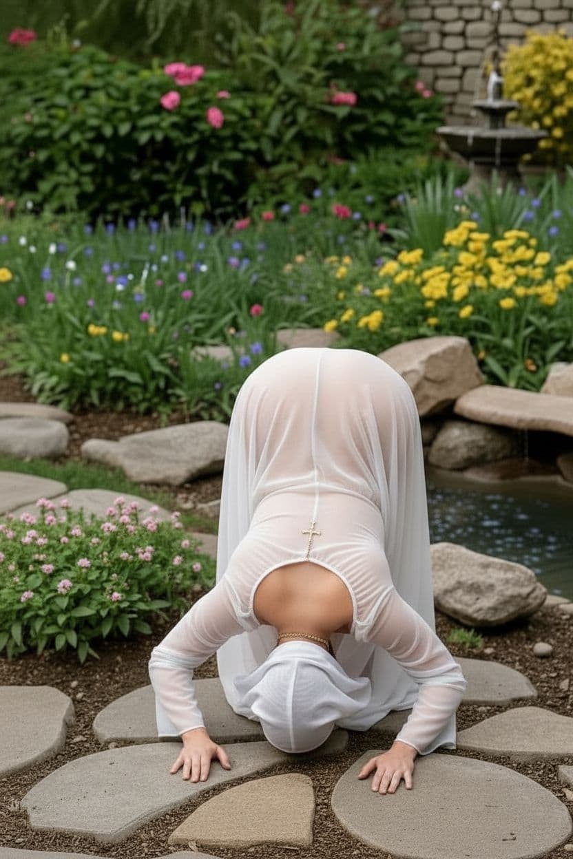 AI generated: The same person as in the photo, but dressed in transparent clothing and kneeling, still in front of...