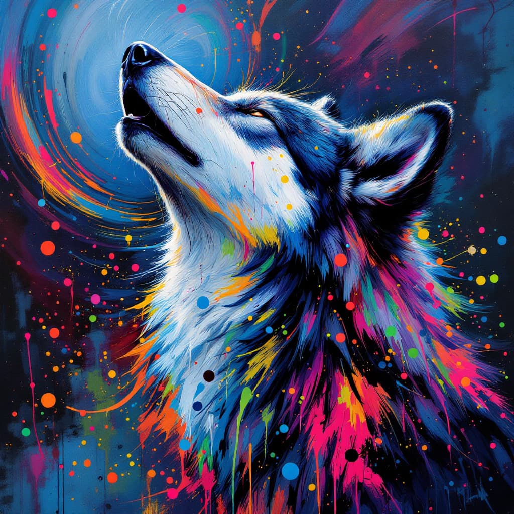 AI generated: Techno art painting, portrait of grey wolf howling, very colorful, whirlwinds starting on base of th...