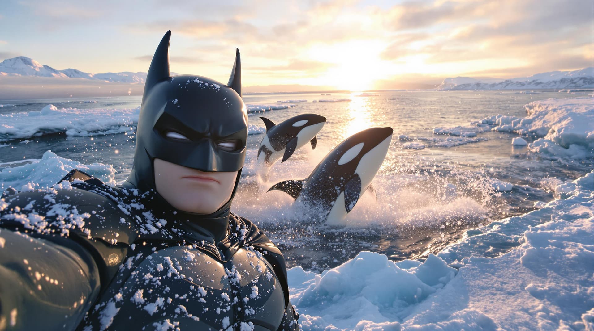 AI generated: In the snow, there is an ice field with the ocean in the background, 2 orcas are jumping out of the ...