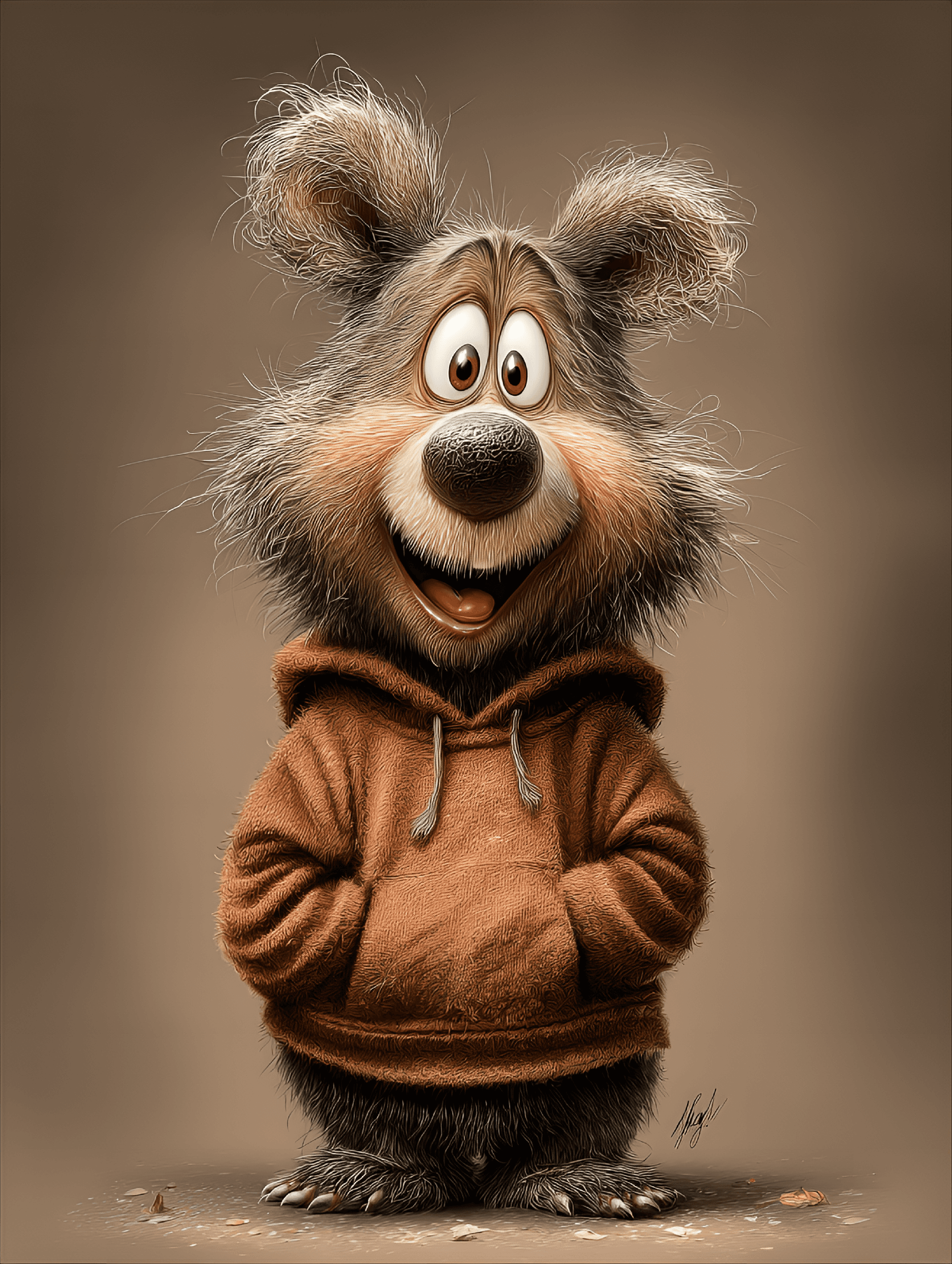 AI generated: funny caricature, wild bear caricature, young bear, 3 years old, fluffy brown fur, round eyes, small...
