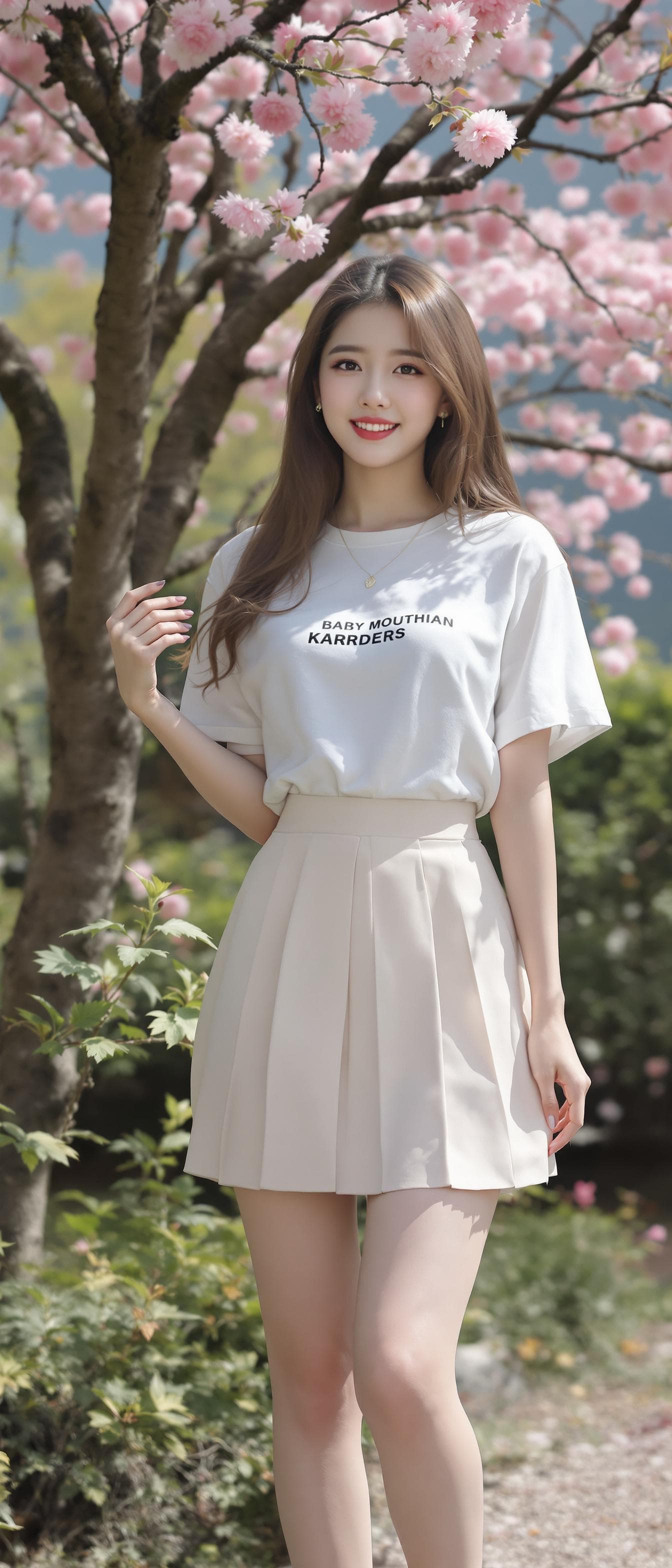 AI generated: a girl, Korean woman, korean ulzzang face, in a casual clothes, short sleeves and pleated mini skirt...