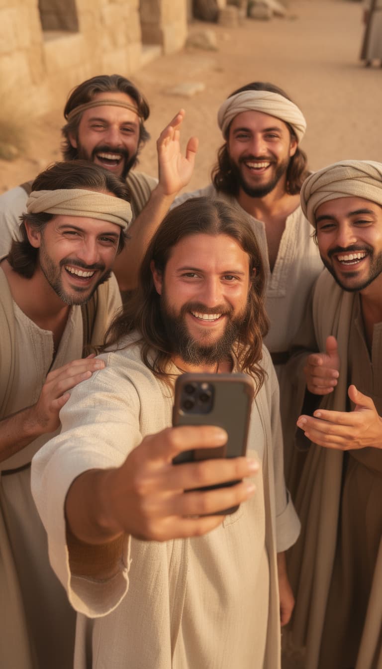 AI generated: A vibrant and warm ultra realist scene that depicts a man with long brown hair and beard, identical ...
