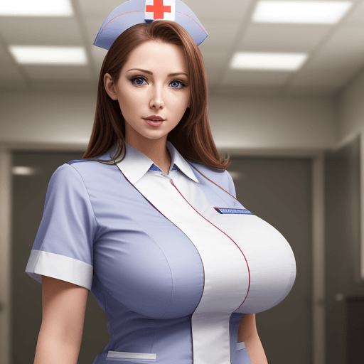 AI generated: Hyper realistic full frontal shot of a beautiful lady in a nurse uniform, huge breasts