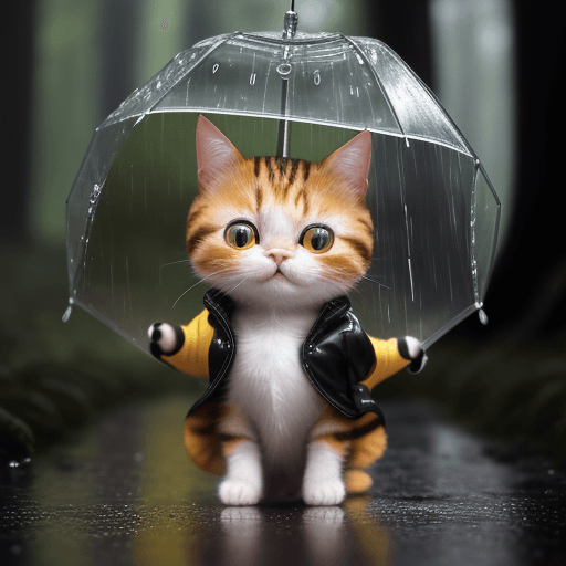 AI generated: tiny cute (happy1.4) cat in a (yellow raincoat1.3) in the woods, rain, a character portrait, Tilt-sh...