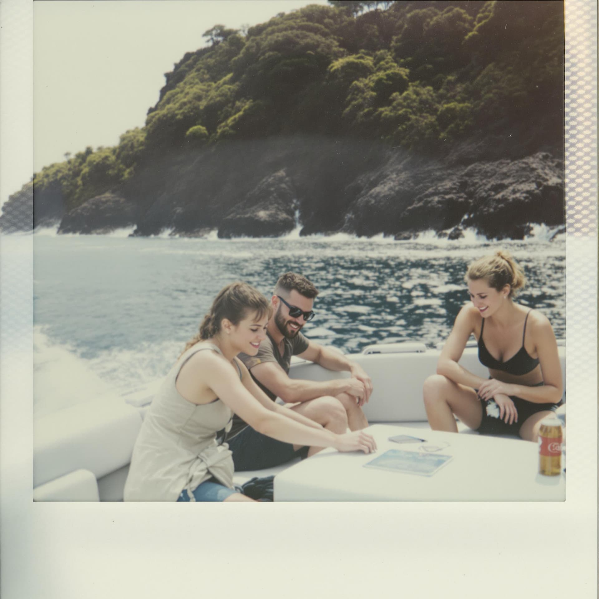 AI generated: boat tour, corporate retreat, azores islands, grainy picture, team building, polaroid