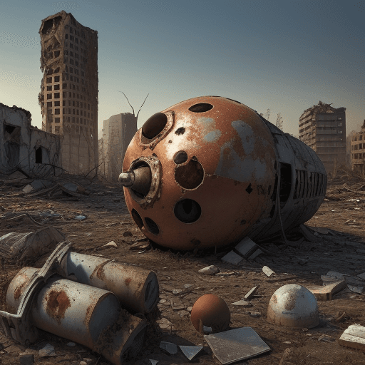 AI generated: A rusting nuclear bomb half buried in the rubble of an abandoned and ruined city