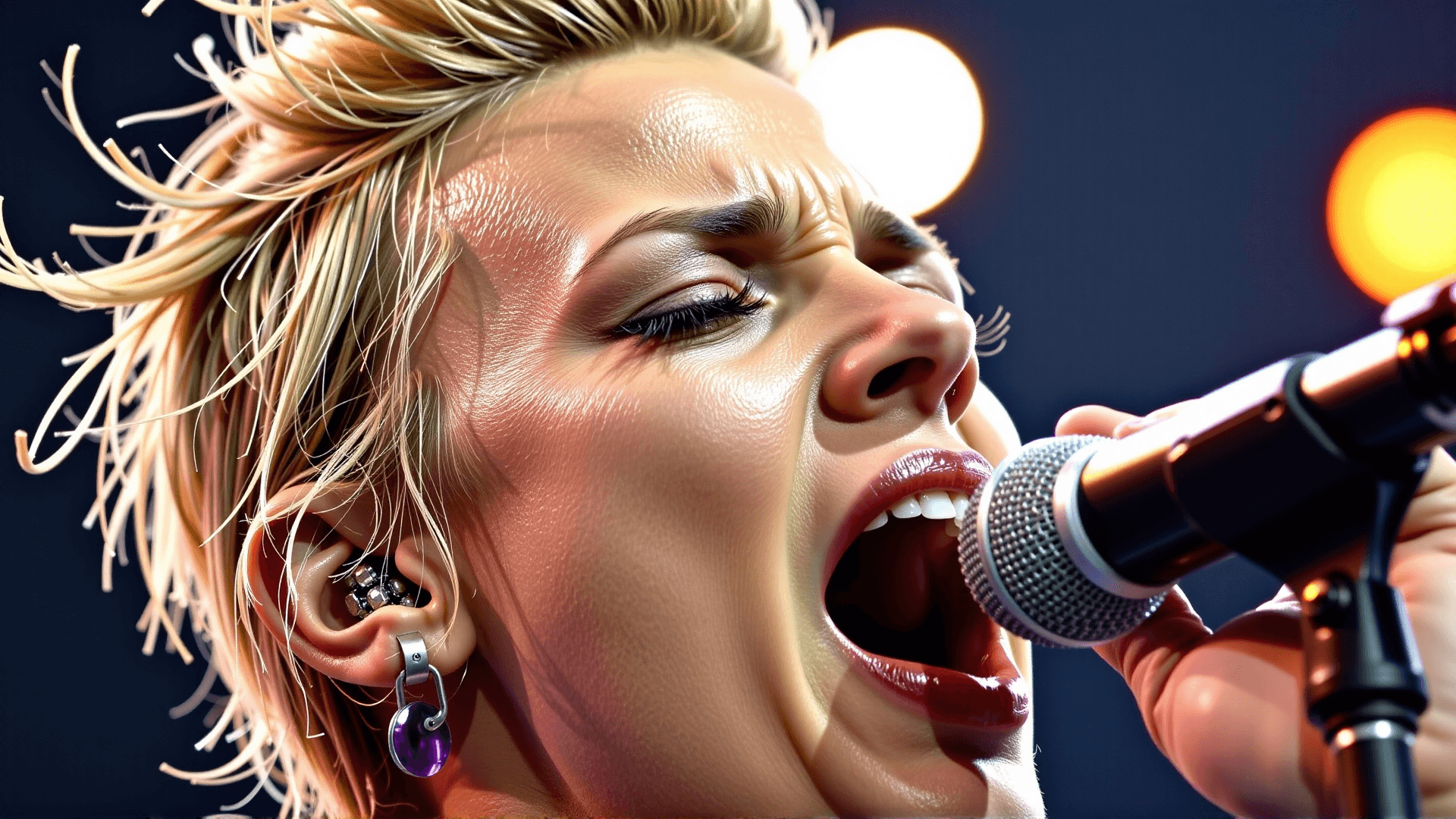 AI generated: A hyperrealistic, extreme close-up of the female vocalist's face from 'WADT', drenched in sweat, eye...