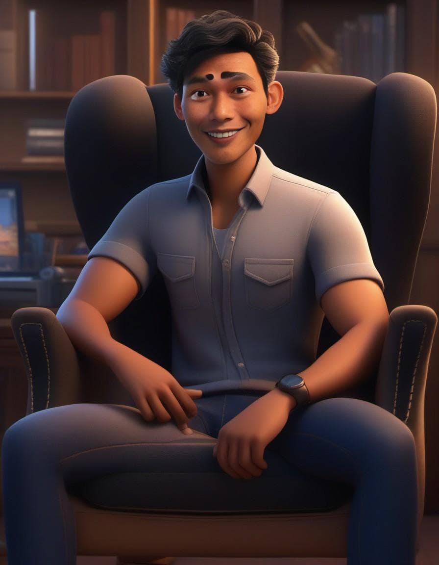 AI generated: A young man with light brown wavy hair and light brown eyes sitting in an armchair and looking direc...