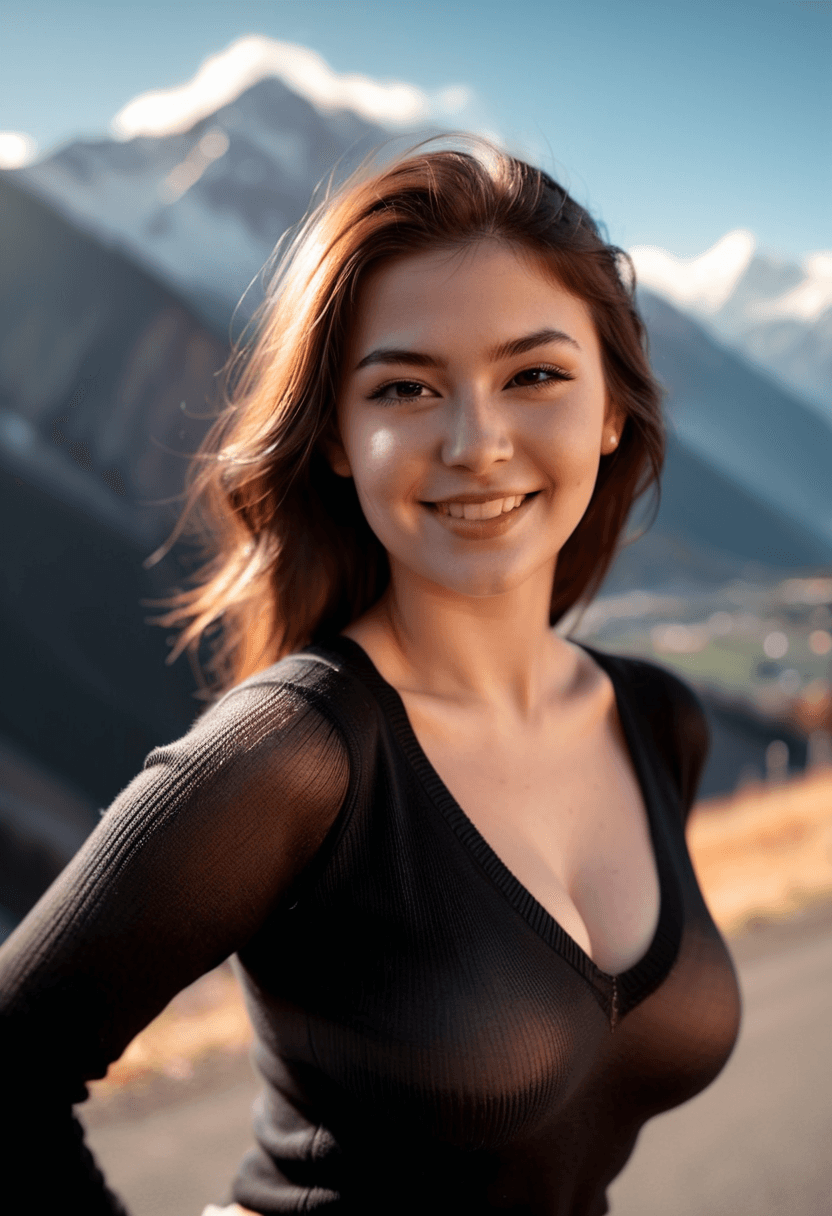 AI generated: photograph of 23 a year old woman in a black transparent sweater with fair skin and a gorgeous (smil...