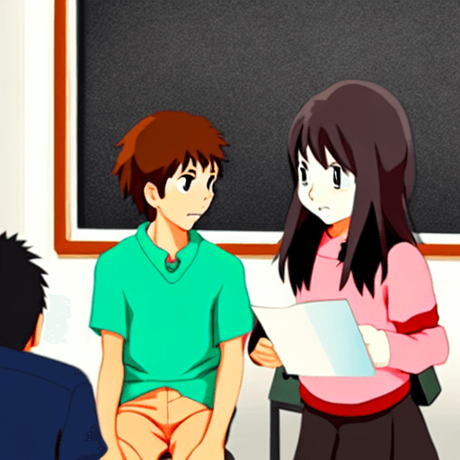 AI generated: 
high definition anime portrait of 2 college students explaining in a classroom to 13 year olds look...