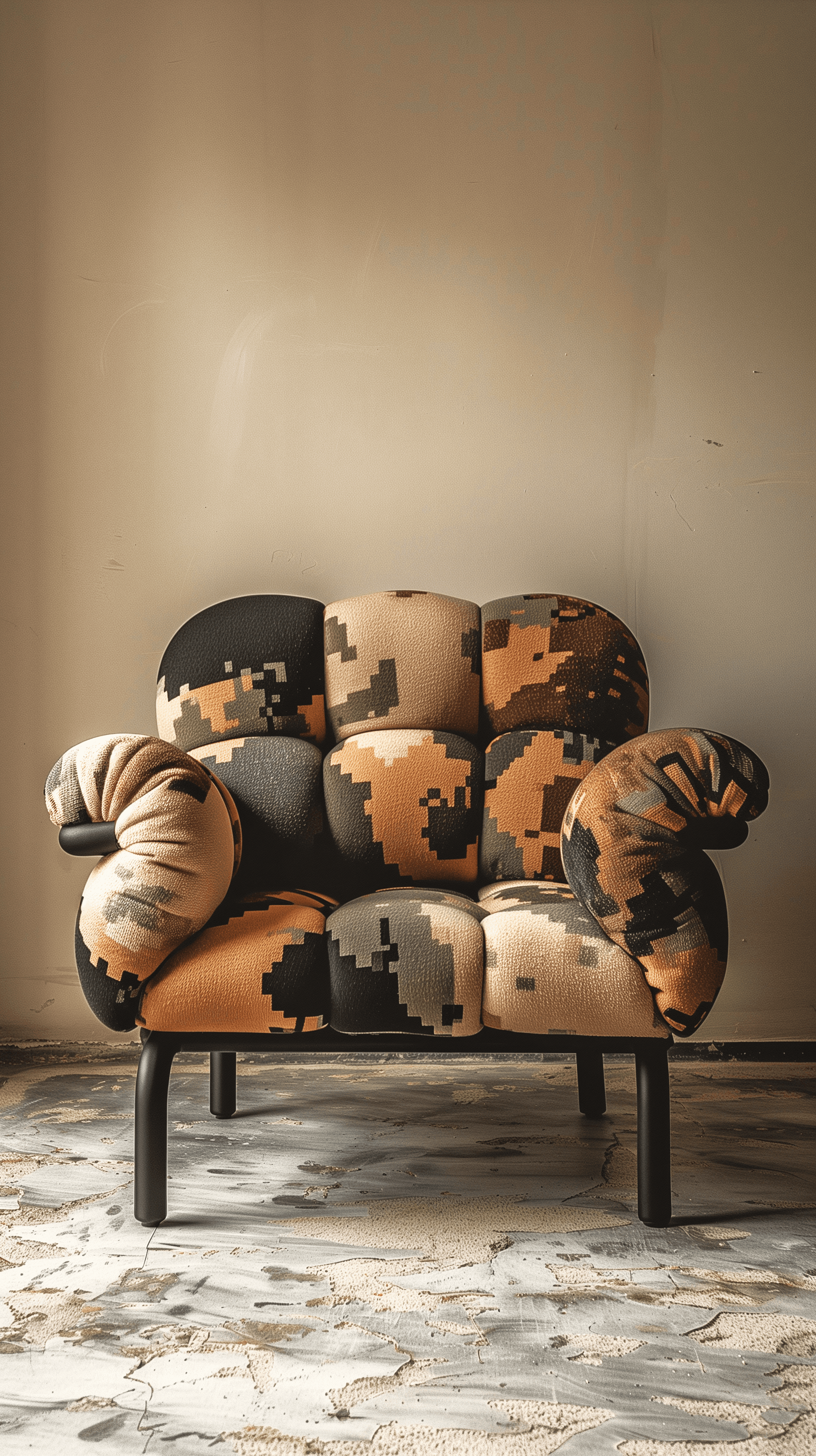 AI generated: productive photography, front view, small couch, camouflage texture with black steel detail, used ca...