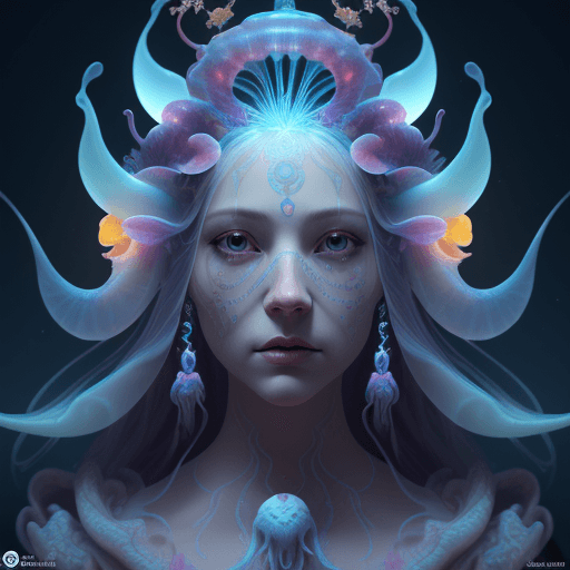 AI generated: Goddess close-up portrait ribcagel. jellyfish phoenix head, nautilus, orchid, skull, betta fish, bio...