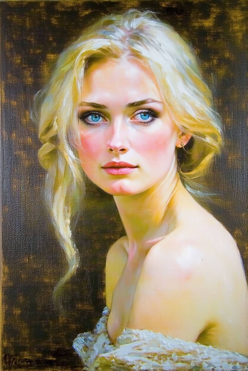 AI generated: create an oil on canvas painting of A Blonde Woman Blue Eyes by Alice Pike Barney