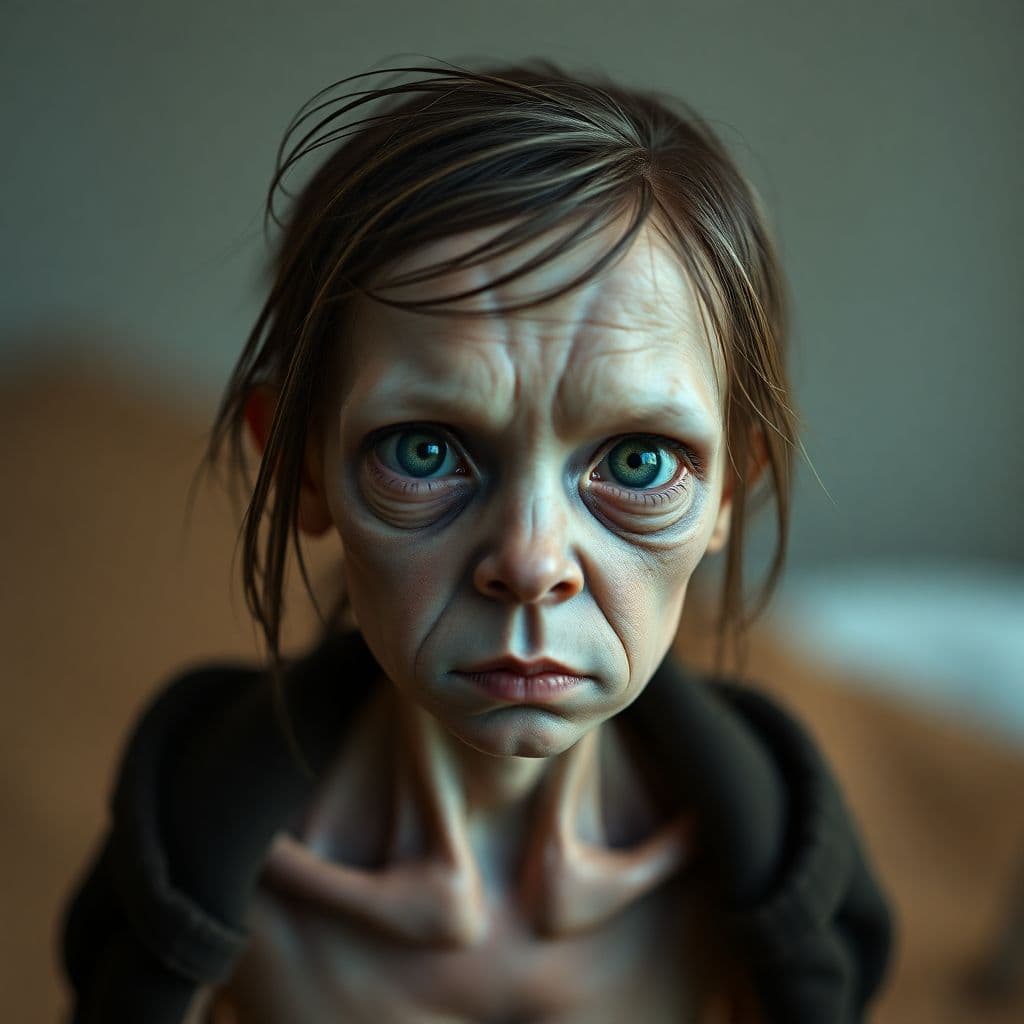 AI generated: unsettling barely-human thing looks directly into camera, hyper realistic