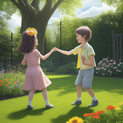 AI generated: two kids play with in garden , sun is smiling and clouds are leaving.
flowers are happy and trees ar...