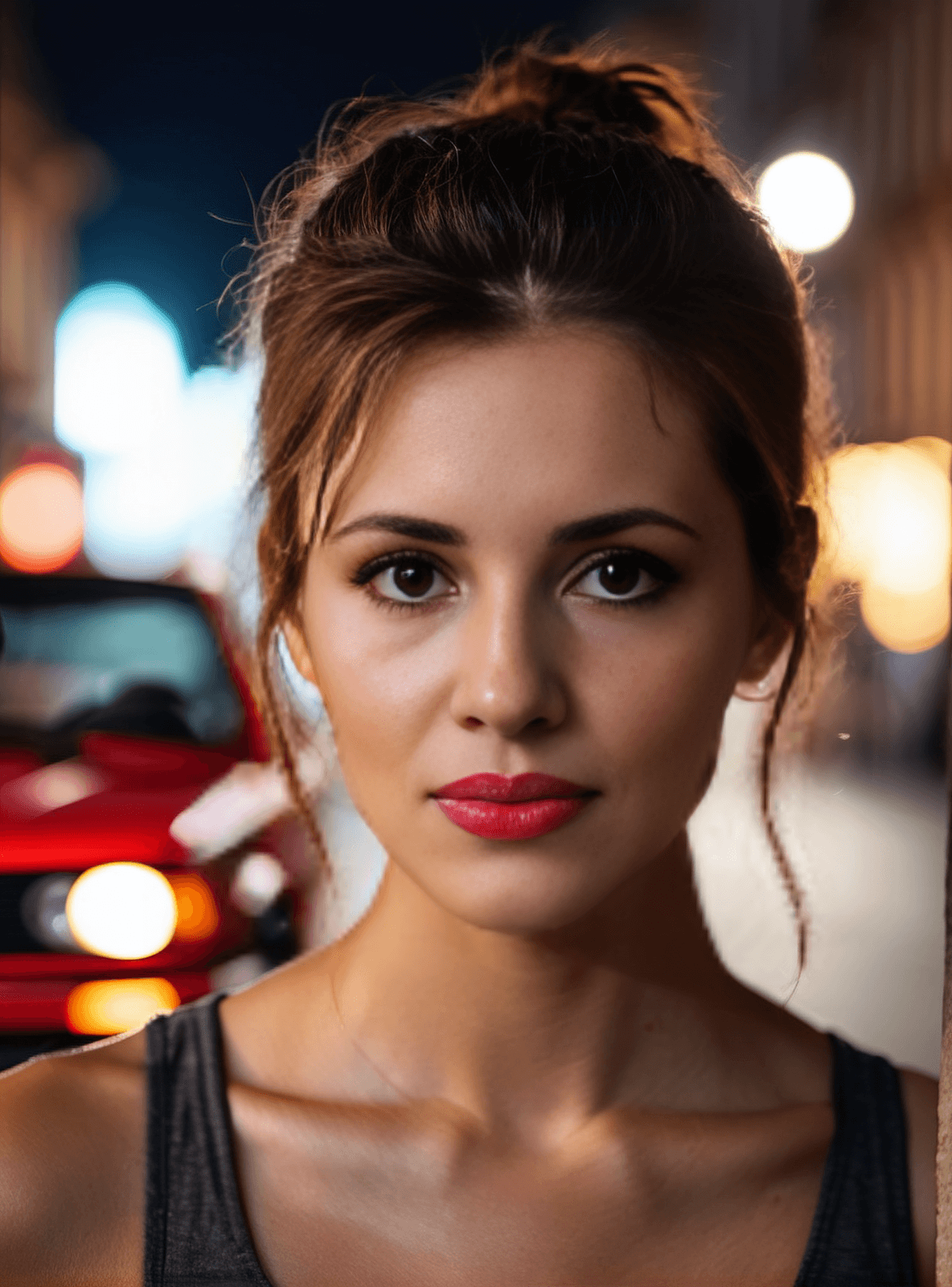 AI generated: woman_posing_front_red_bmw_e30,raw_photo,prague_night_streets,8k,tank top,((masterpiece)),((realisti...