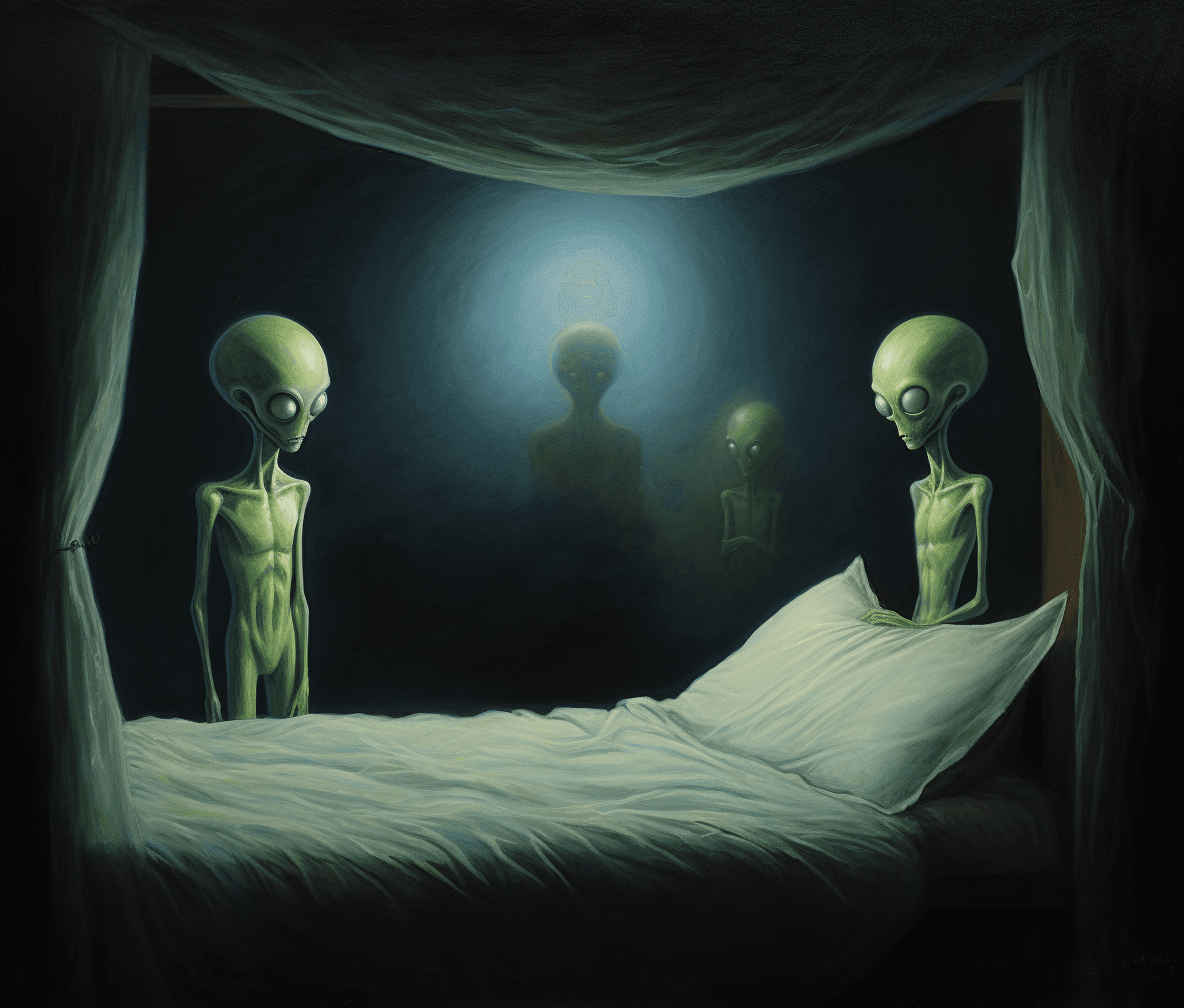 AI generated: MHU pastel drawing of aliens standing around a bed with a sleeping man in a dark blue room, the wind...