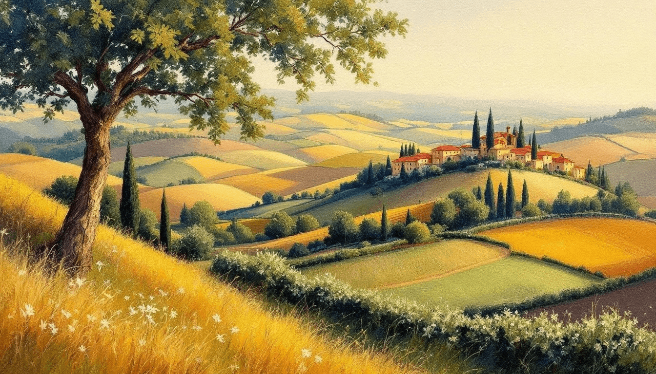 AI generated: impressionist painting on canvas of Tuscany, beautiful landscape with Tuscan farmhouse, in the style...